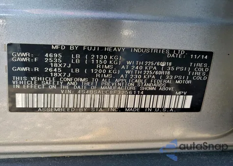 2015 Subaru Outback 2.5I Limited from USA, damaged, VIN 4S4BSALC8F3256114